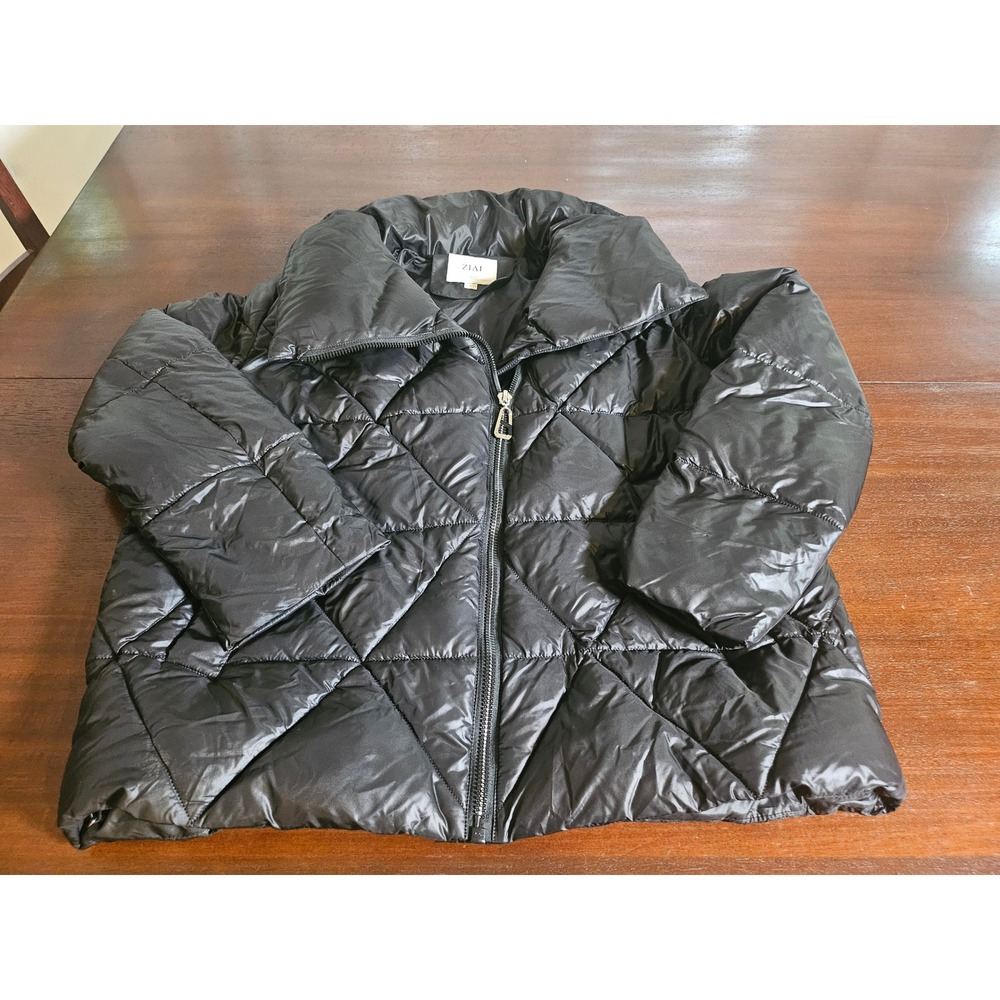 ZIAI Puffer Jacket Womens EUR 44 Black Diamond Quilted Full Zip Oversized Collar